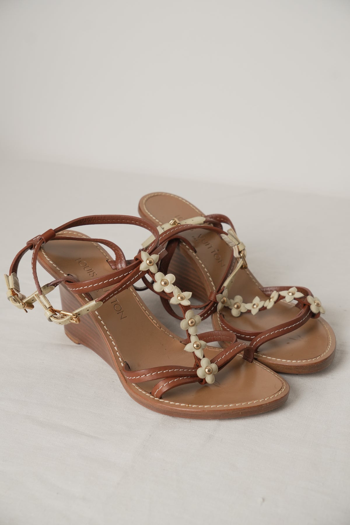 Louis Vuitton Floral T Strap Sandal wedges Sz36 with Box