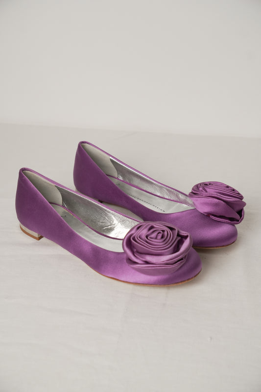 Giuseppe Zanotti Satin Flower Motif Purple Flats Sz 38 BNWB
