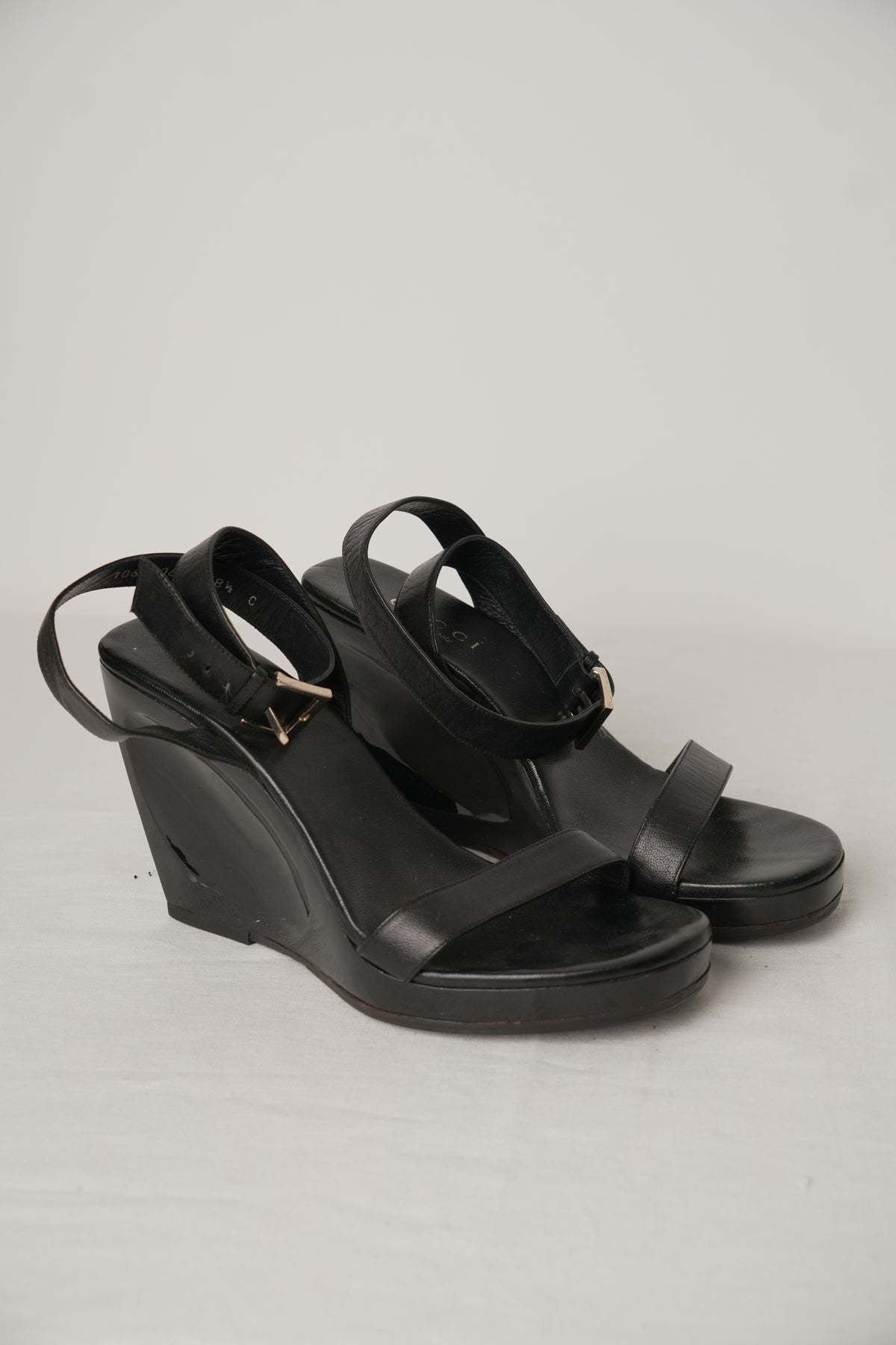 Gucci Leather Ankle Strap Plastic Wedge Heels Sz38.5