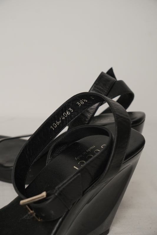 Gucci Leather Ankle Strap Plastic Wedge Heels Sz38.5