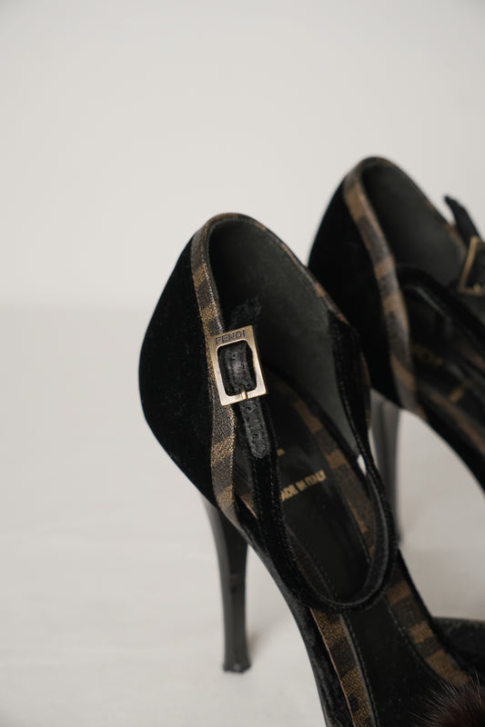 Fendi Velvet PVC Flower with Fur Pom Poms Sz38