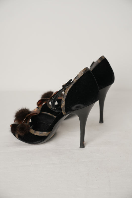 Fendi Velvet PVC Flower with Fur Pom Poms Sz38