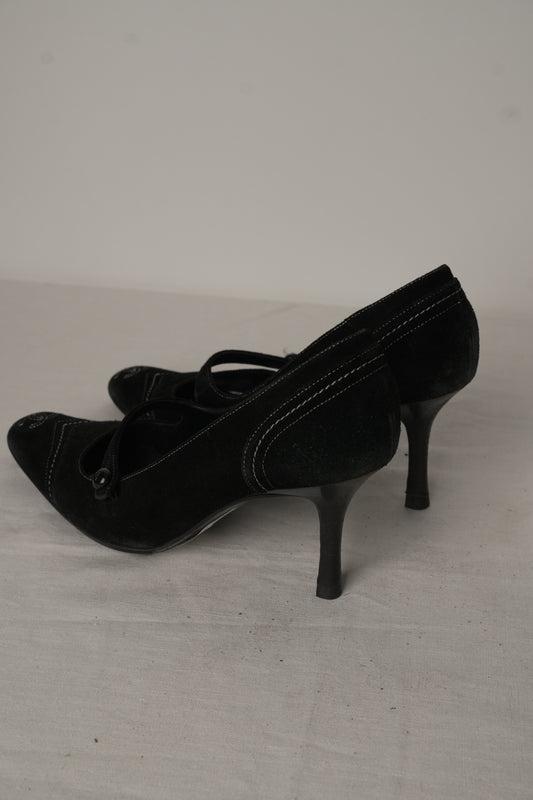 Chanel Black Suede Stitch Logo Toe Cap Pumps Heels Sz36
