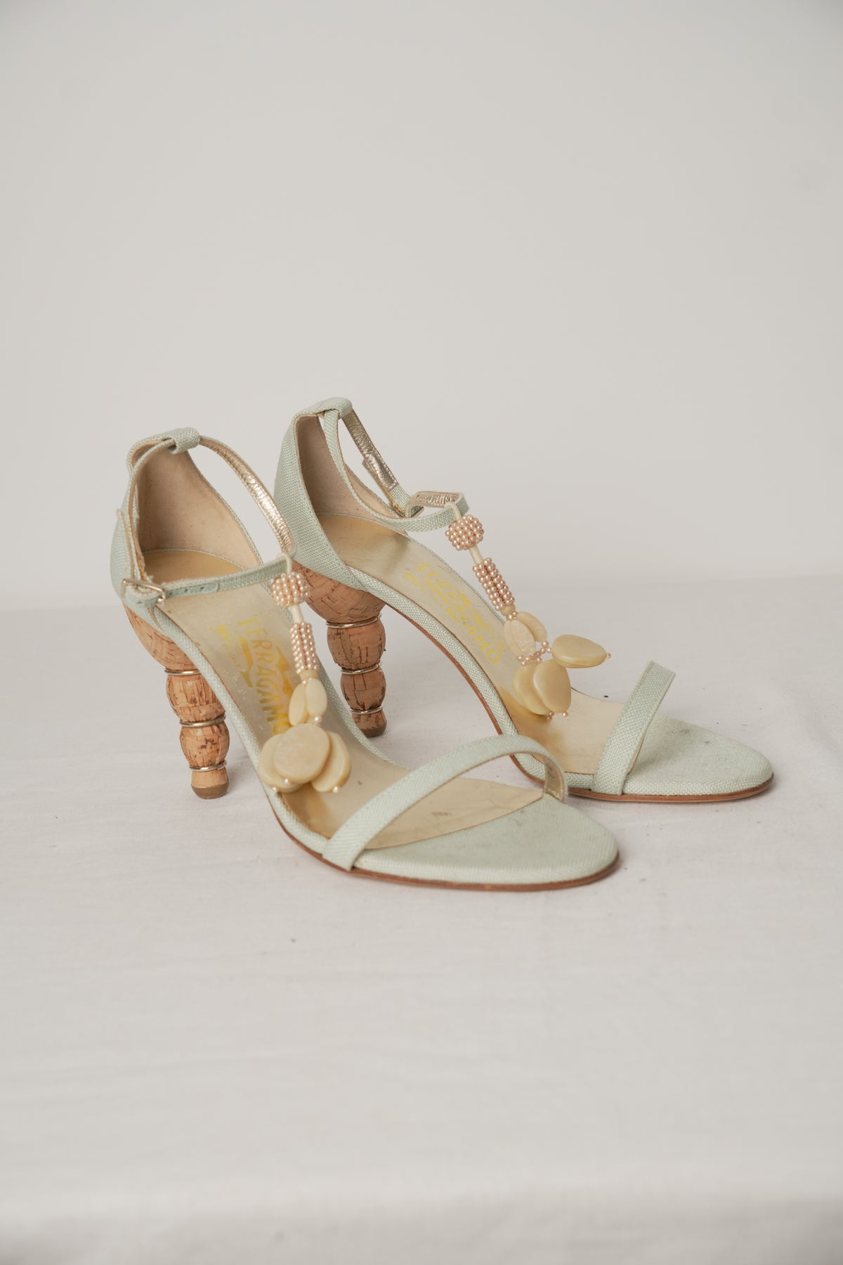 Salvatore Ferragamo Blue Strappy Hanging Bead Pearl Heels Sz6.5(US)