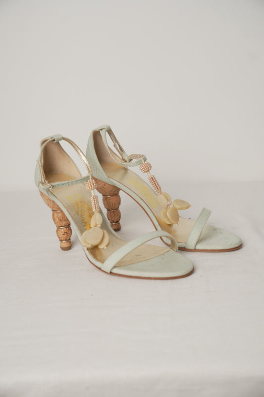 Salvatore Ferragamo Blue Strappy Hanging Bead Pearl Heels Sz6.5(US)
