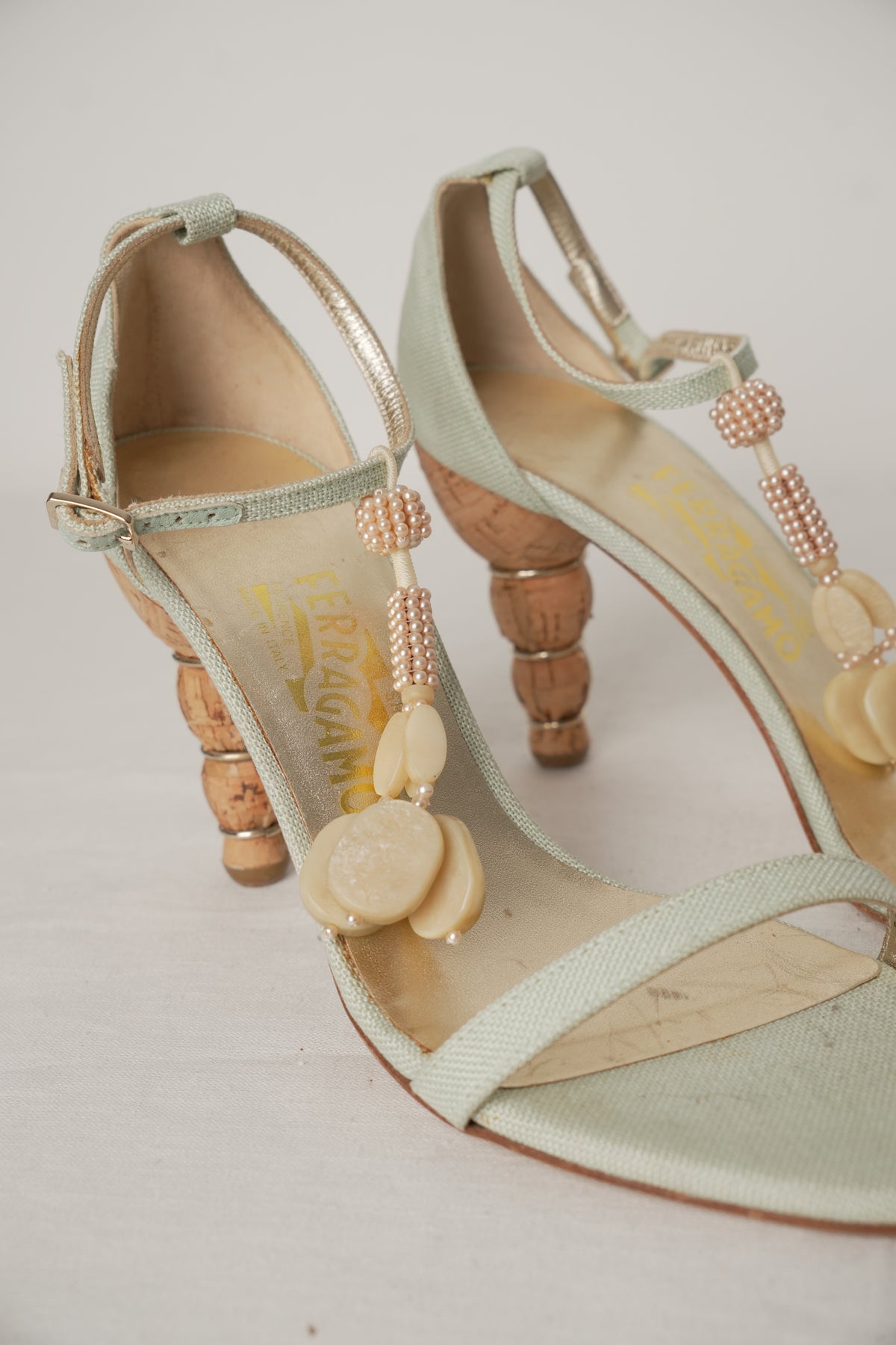 Salvatore Ferragamo Blue Strappy Hanging Bead Pearl Heels Sz6.5(US)