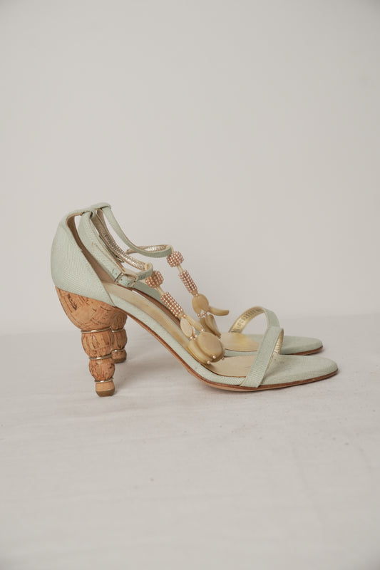 Salvatore Ferragamo Blue Strappy Hanging Bead Pearl Heels Sz6.5(US)
