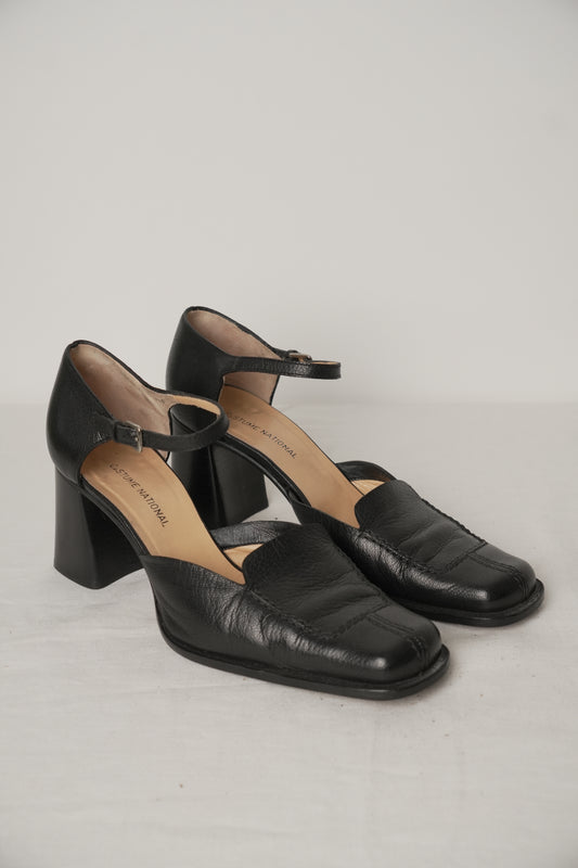 Costume National Black Leather Mary Jane Heels Sz37.5