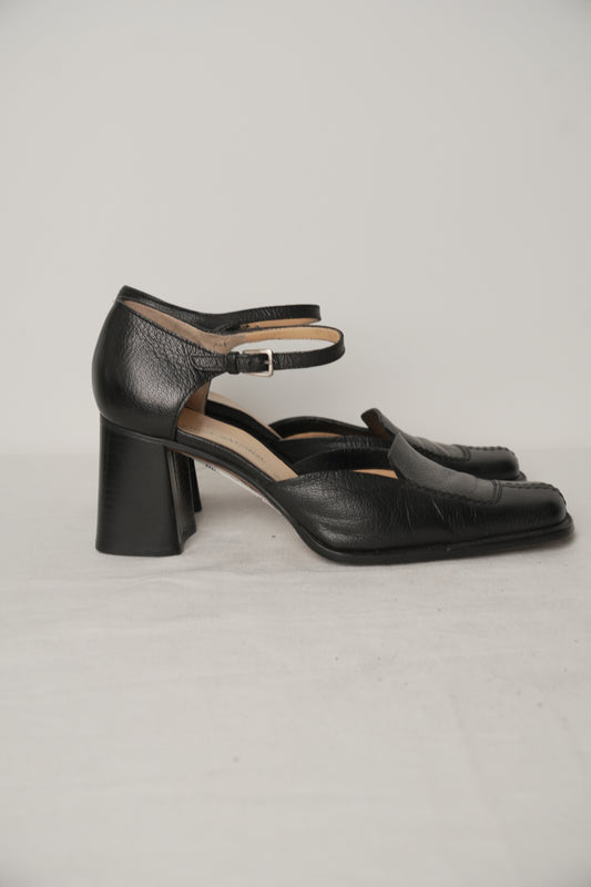 Costume National Black Leather Mary Jane Heels Sz37.5