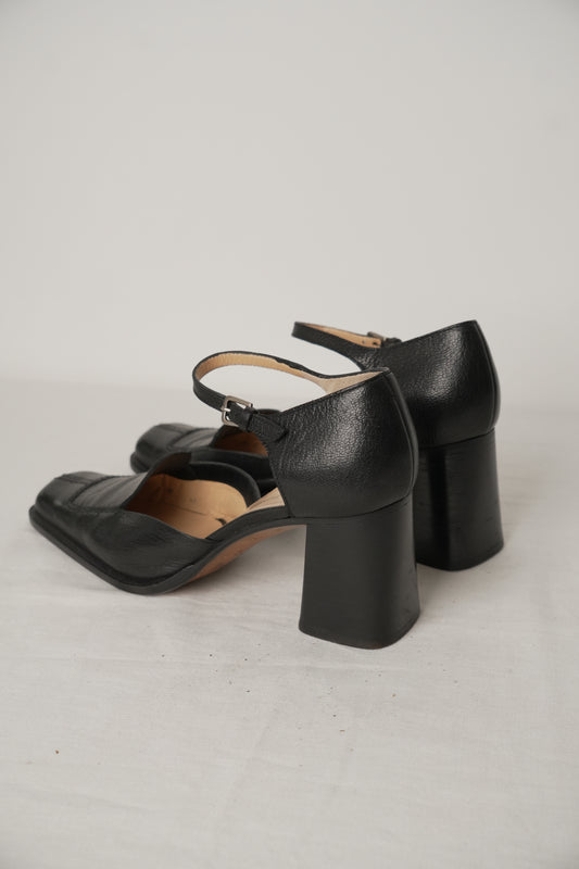 Costume National Black Leather Mary Jane Heels Sz37.5