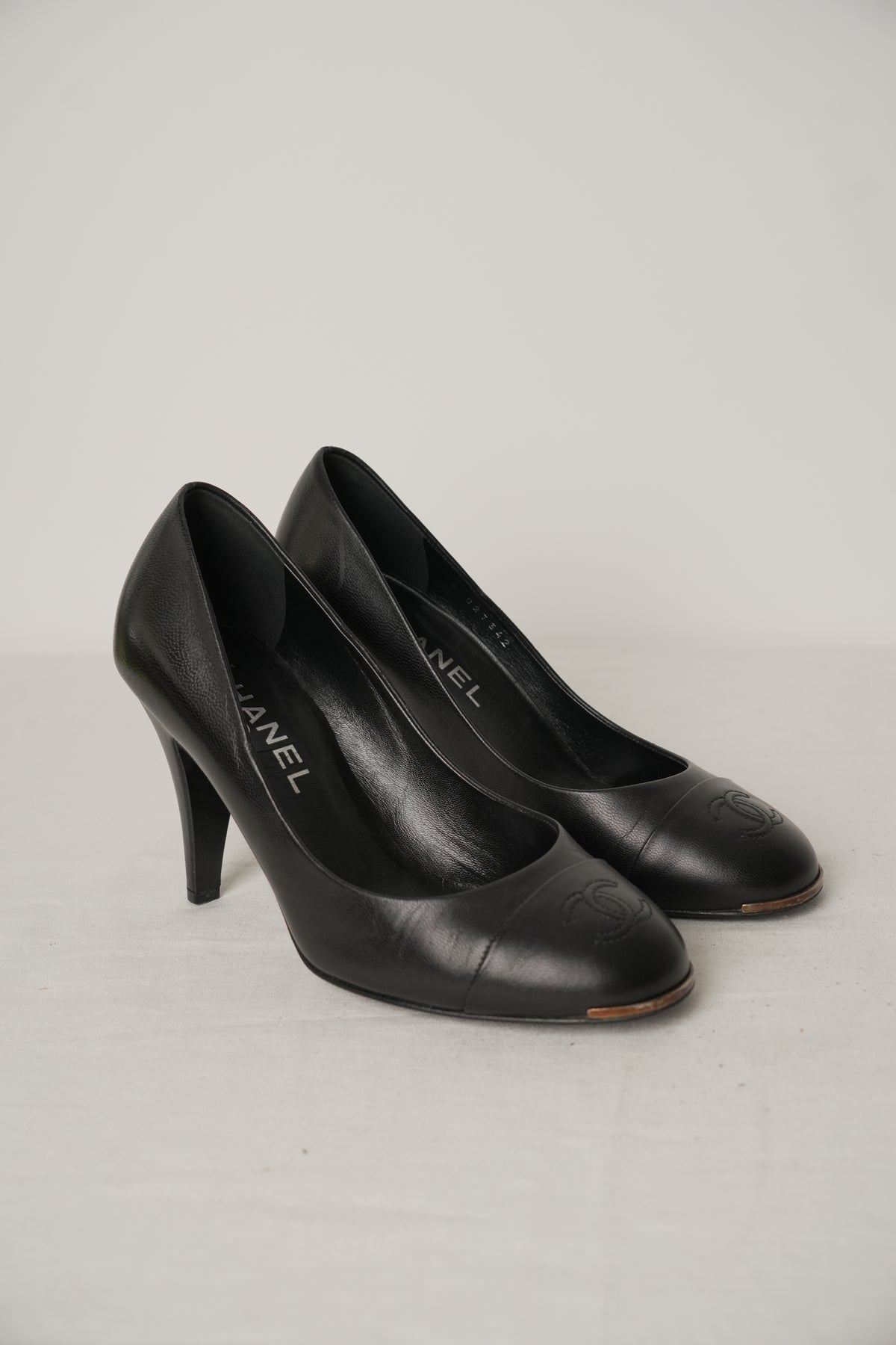 Chanel Black Logo Toe Cap Pump Heels Sz36.5