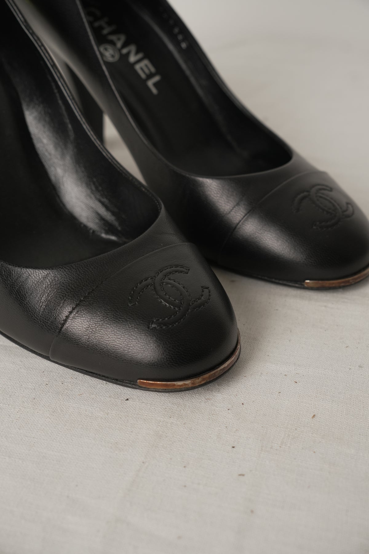Chanel Black Logo Toe Cap Pump Heels Sz36.5