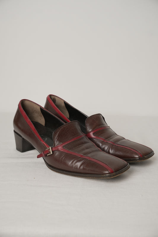 Prada Brown Leather Square Toe Loafer with Red Lining Buckle Sz 36.5