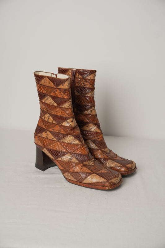 Miu Miu Embossed Leather Patchwork Boots Sz37.5