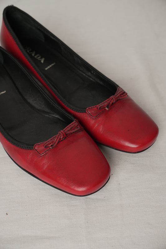 Prada Leather Red Ribbon Ballet Flat Pumps Sz37