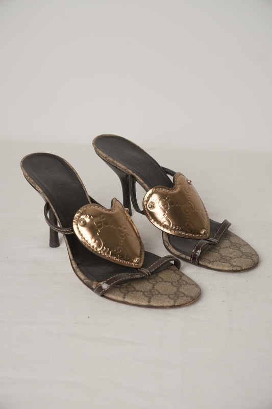 Gucci Gold Heart Monogram Sandal Heels Sz35.5