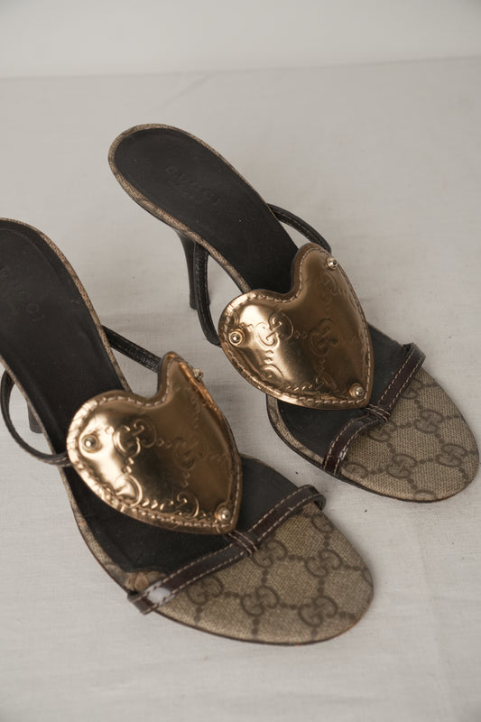 Gucci Gold Heart Monogram Sandal Heels Sz35.5