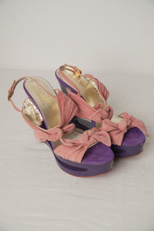 Valentino Purple Cut Out Wedge with Pink Suede Pleated Straps Sz37.5