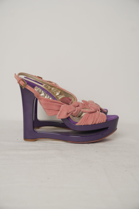 Valentino Purple Cut Out Wedge with Pink Suede Pleated Straps Sz37.5
