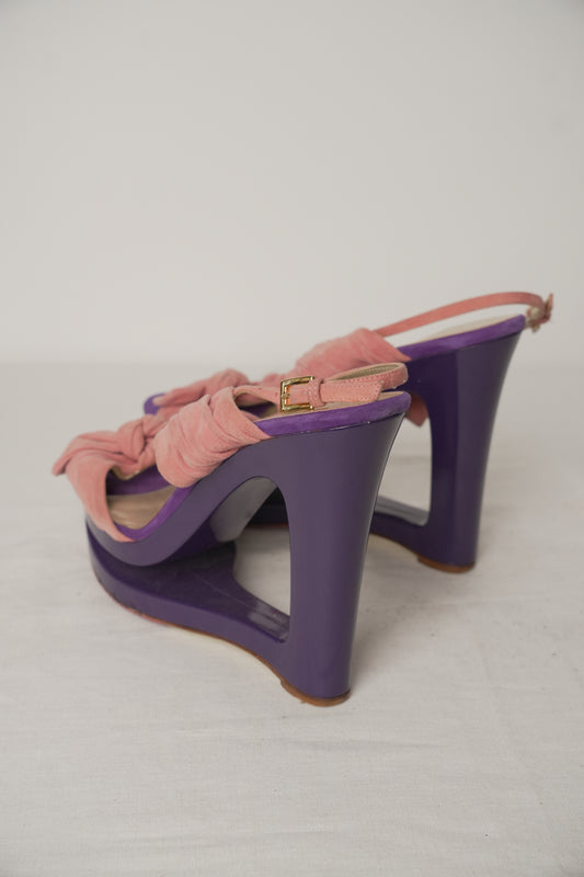 Valentino Purple Cut Out Wedge with Pink Suede Pleated Straps Sz37.5