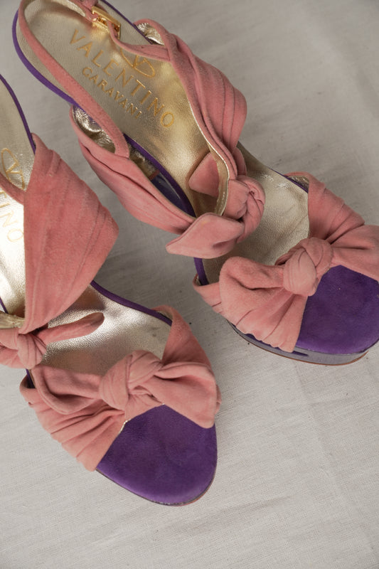 Valentino Purple Cut Out Wedge with Pink Suede Pleated Straps Sz37.5