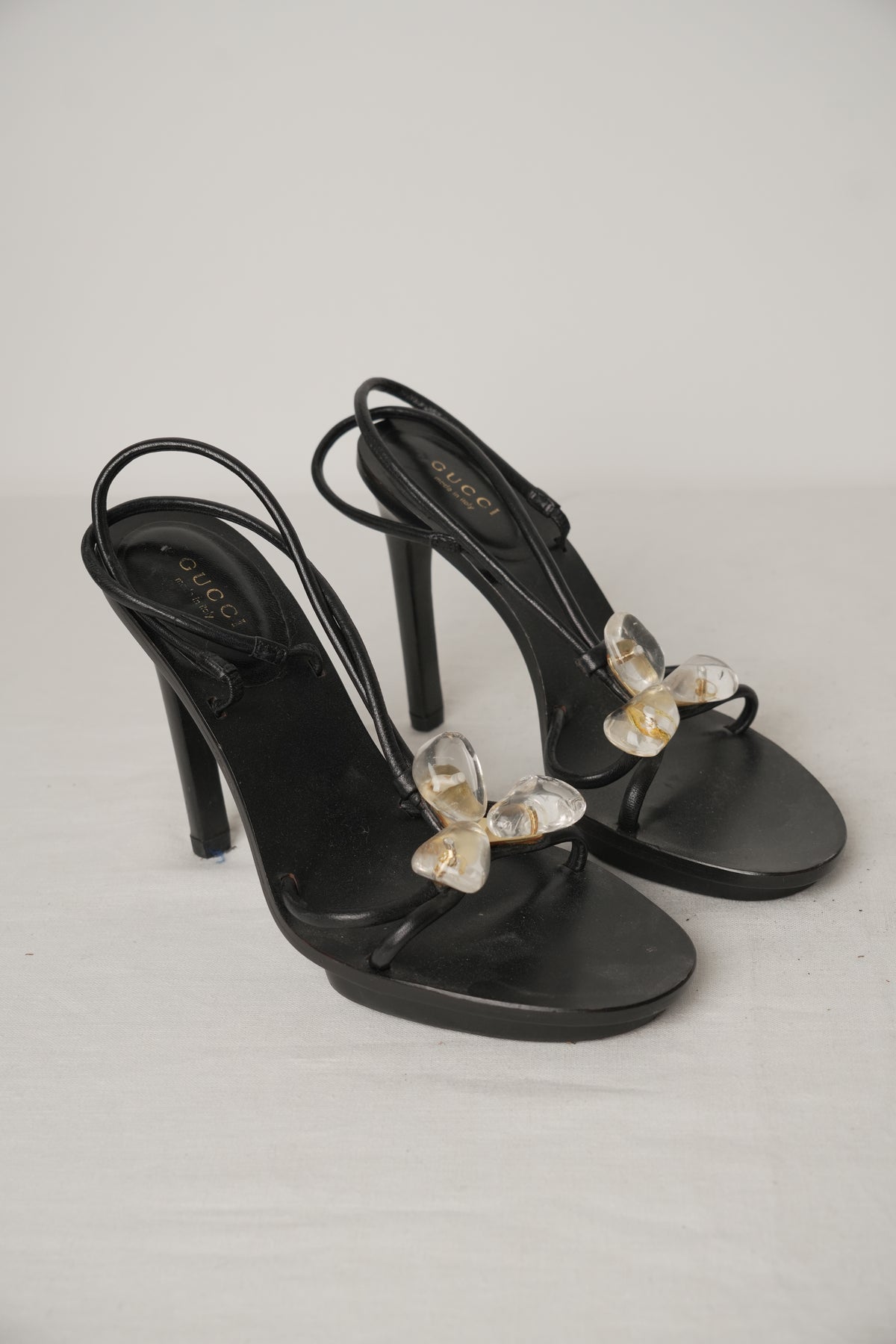 Gucci Black Leather Strappy Platform Heels with Resin Crystals Sz35.5