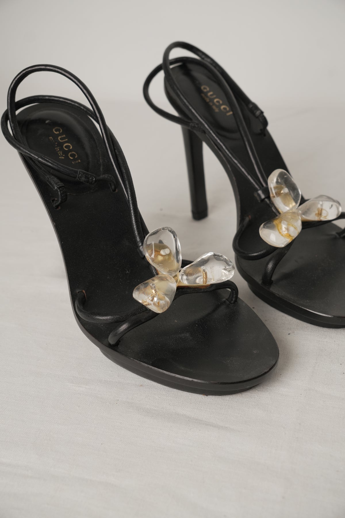 Gucci Black Leather Strappy Platform Heels with Resin Crystals Sz35.5