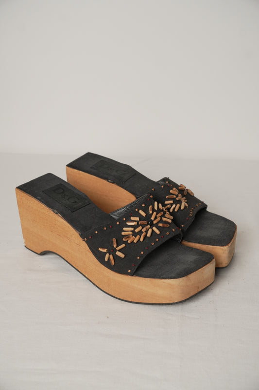 Dolce & Gabbana Wood Sole Sandals Wedge with Beads Heel Sz40