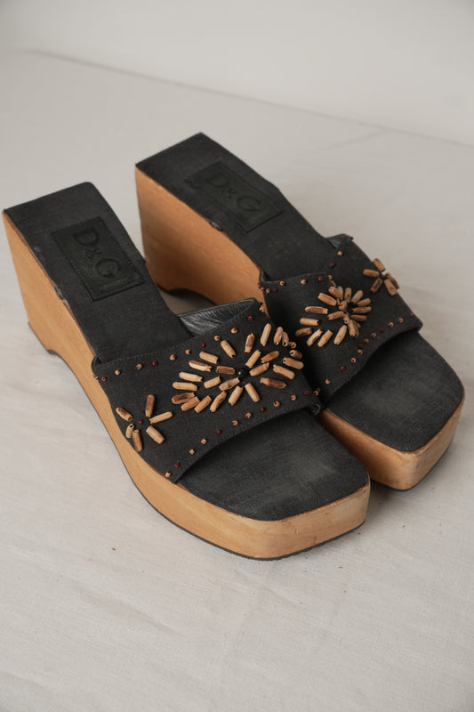 Dolce & Gabbana Wood Sole Sandals Wedge with Beads Heel Sz40