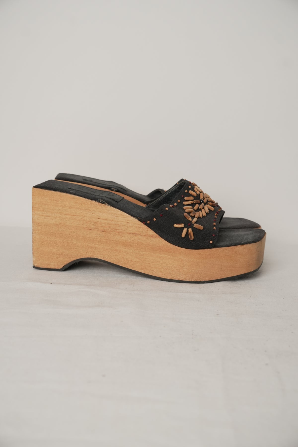 Dolce & Gabbana Wood Sole Sandals Wedge with Beads Heel Sz40