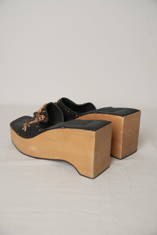 Dolce & Gabbana Wood Sole Sandals Wedge with Beads Heel Sz40