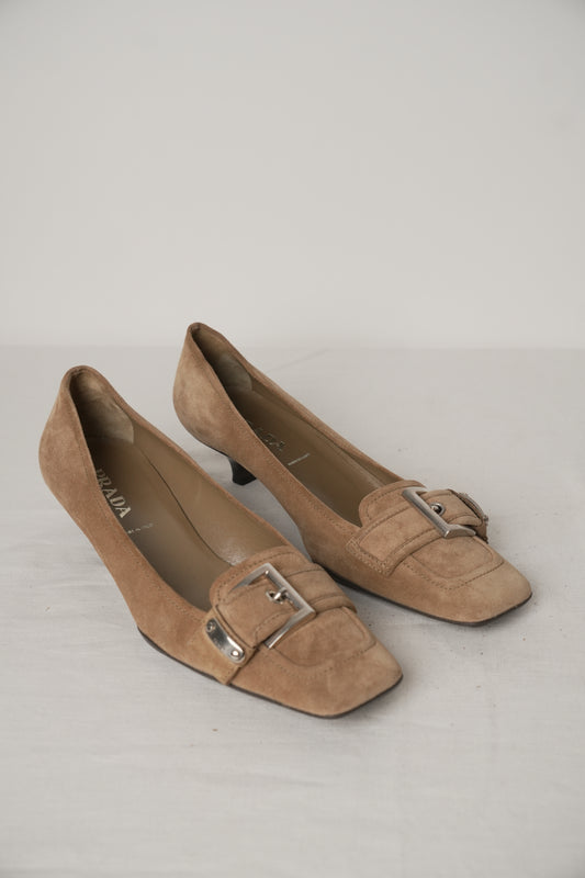 Prada Square Toe Beige Suede Silver Buckle Loafer Heel Sz36