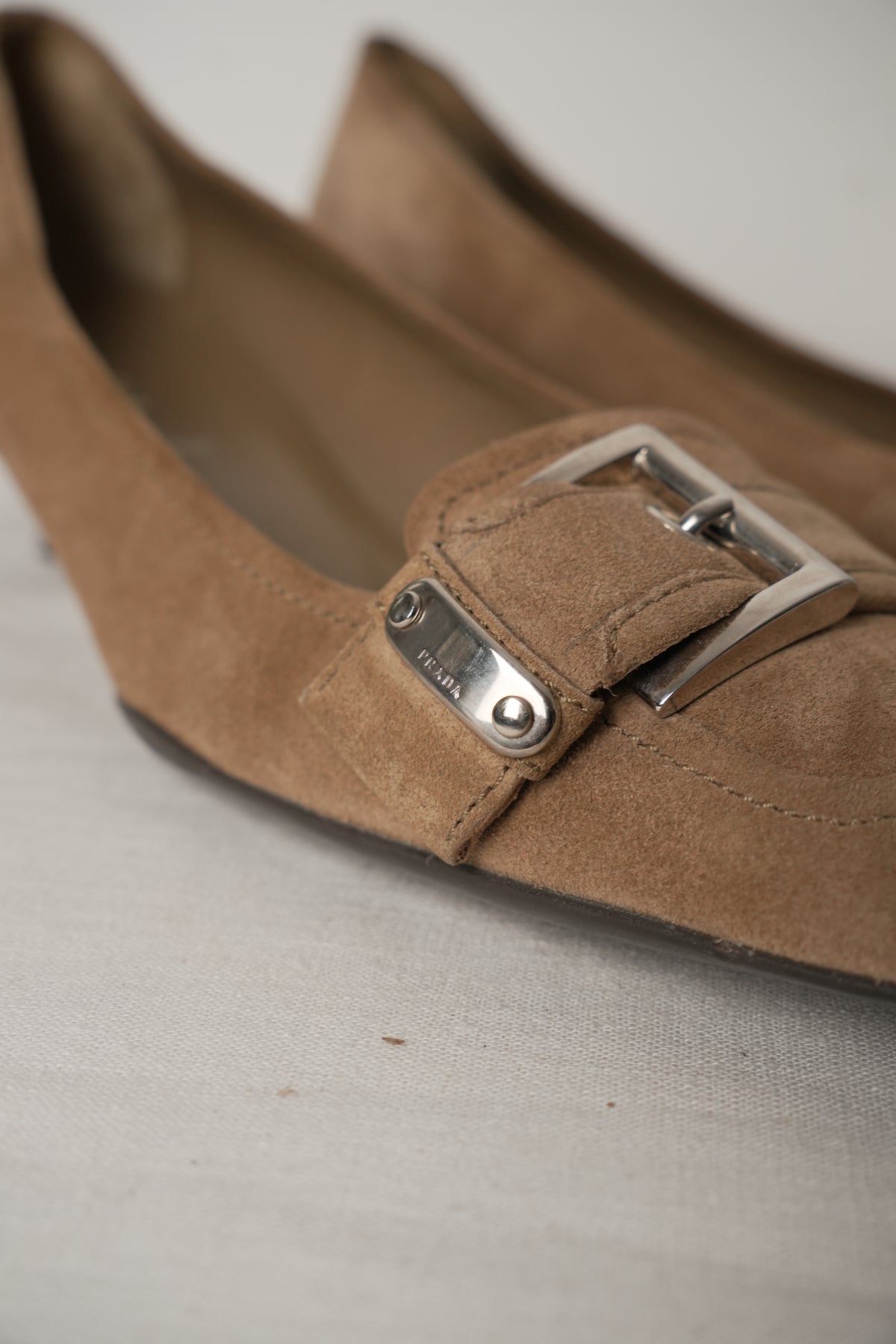 Prada Square Toe Beige Suede Silver Buckle Loafer Heel Sz36
