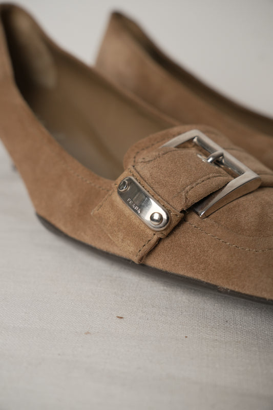 Prada Square Toe Beige Suede Silver Buckle Loafer Heel Sz36