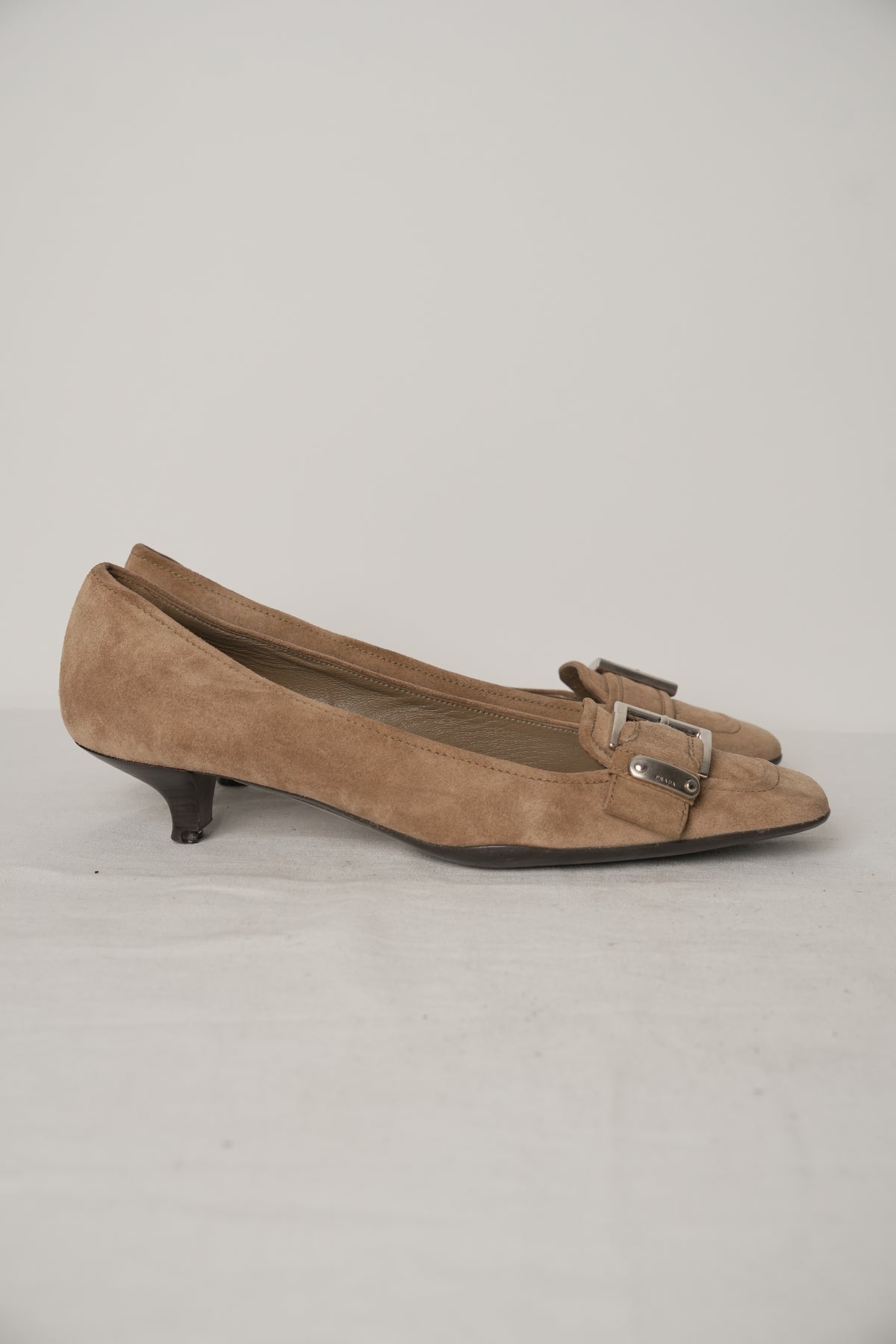 Prada Square Toe Beige Suede Silver Buckle Loafer Heel Sz36