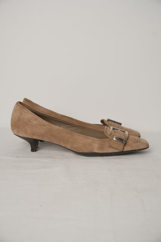 Prada Square Toe Beige Suede Silver Buckle Loafer Heel Sz36