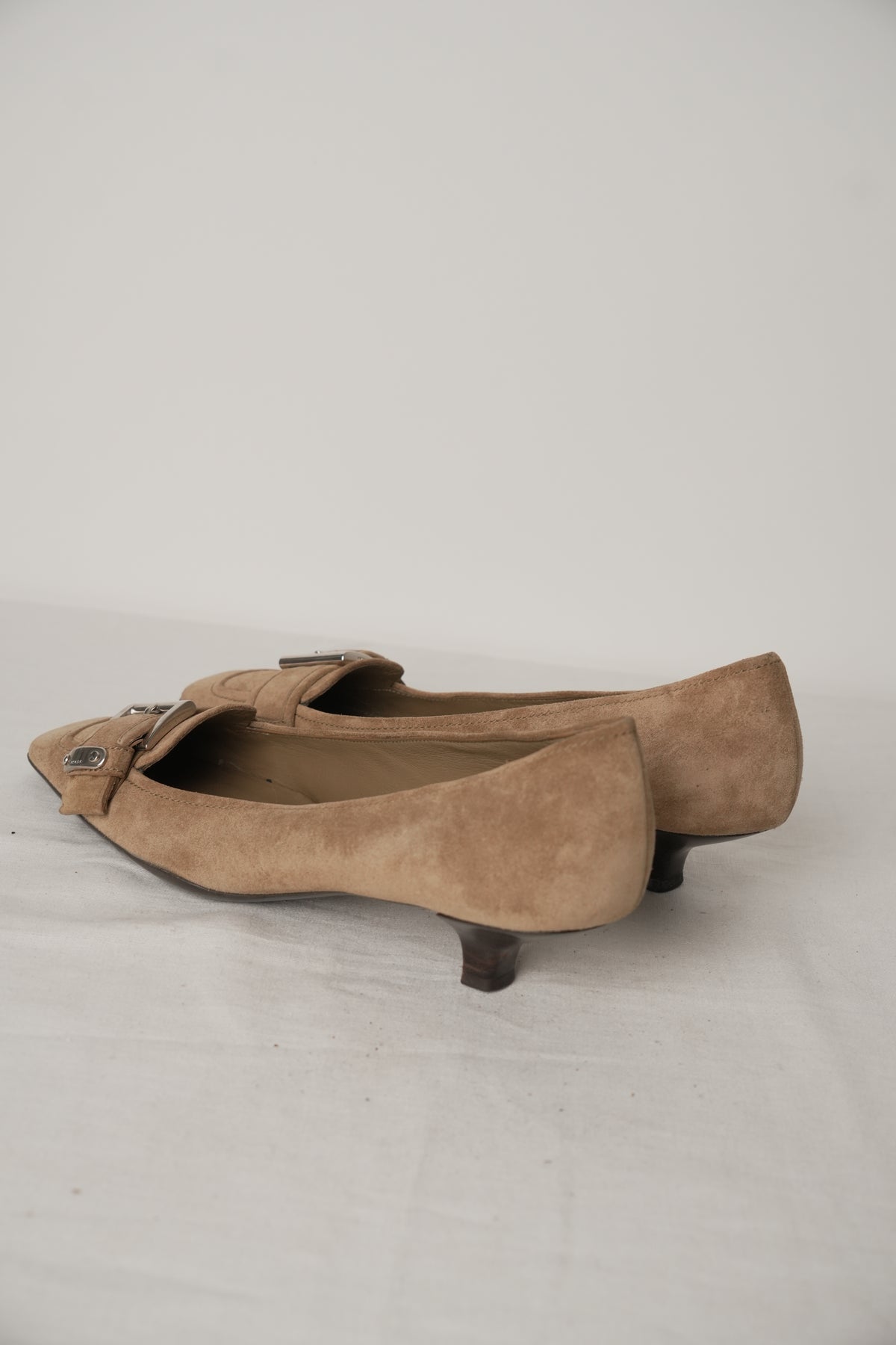 Prada Square Toe Beige Suede Silver Buckle Loafer Heel Sz36