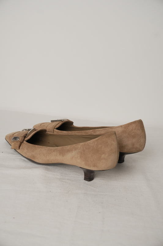 Prada Square Toe Beige Suede Silver Buckle Loafer Heel Sz36
