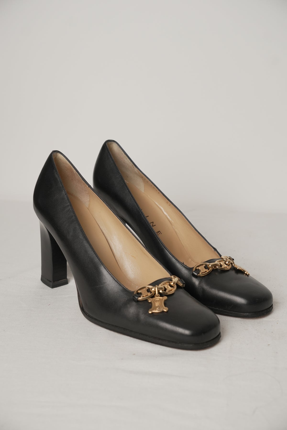 Celine Triomphe Black Leather Pumps with Gold Charm Sz37