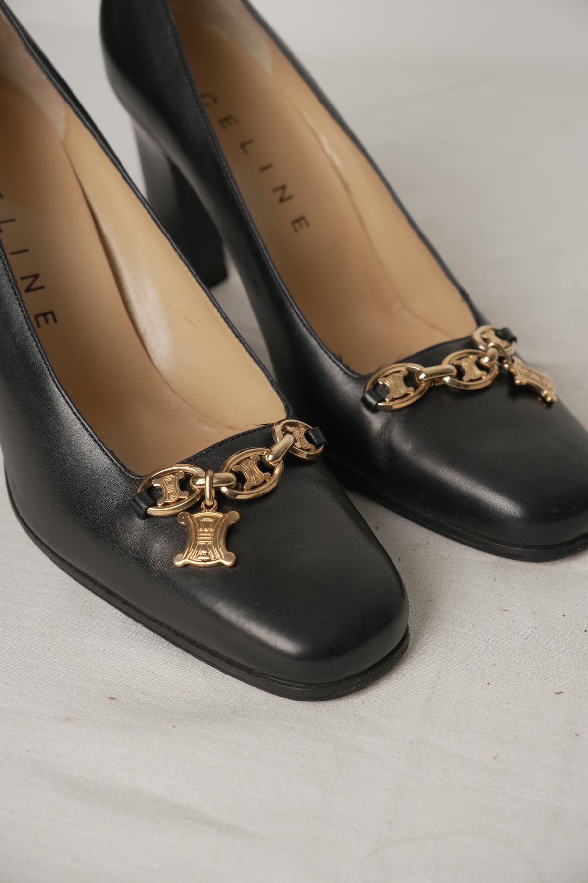 Celine Triomphe Black Leather Pumps with Gold Charm Sz37