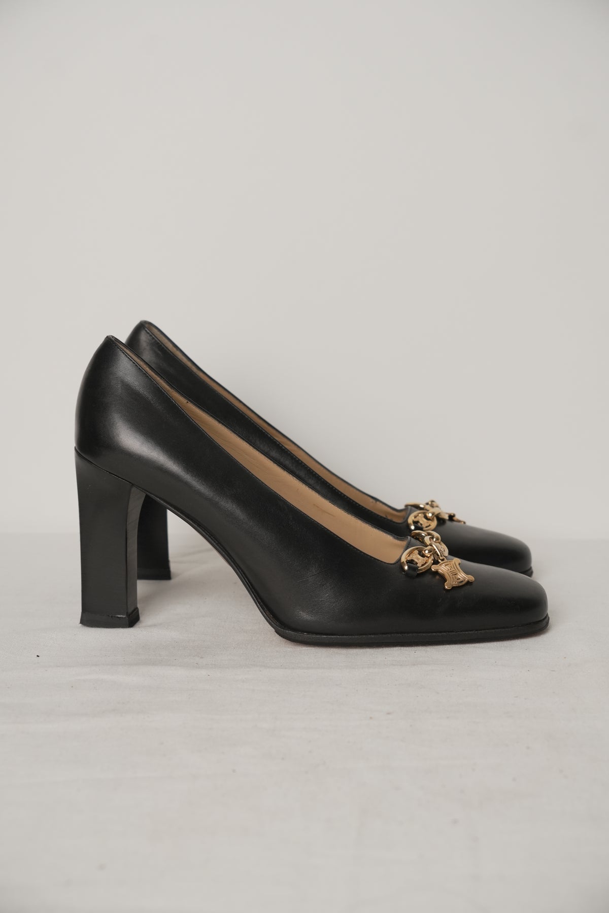 Celine Triomphe Black Leather Pumps with Gold Charm Sz37