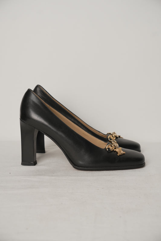 Celine Triomphe Black Leather Pumps with Gold Charm Sz37