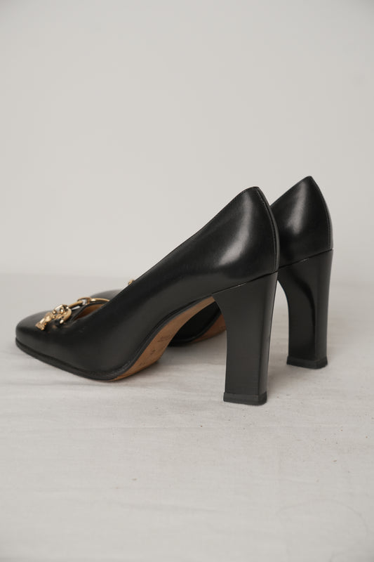 Celine Triomphe Black Leather Pumps with Gold Charm Sz37