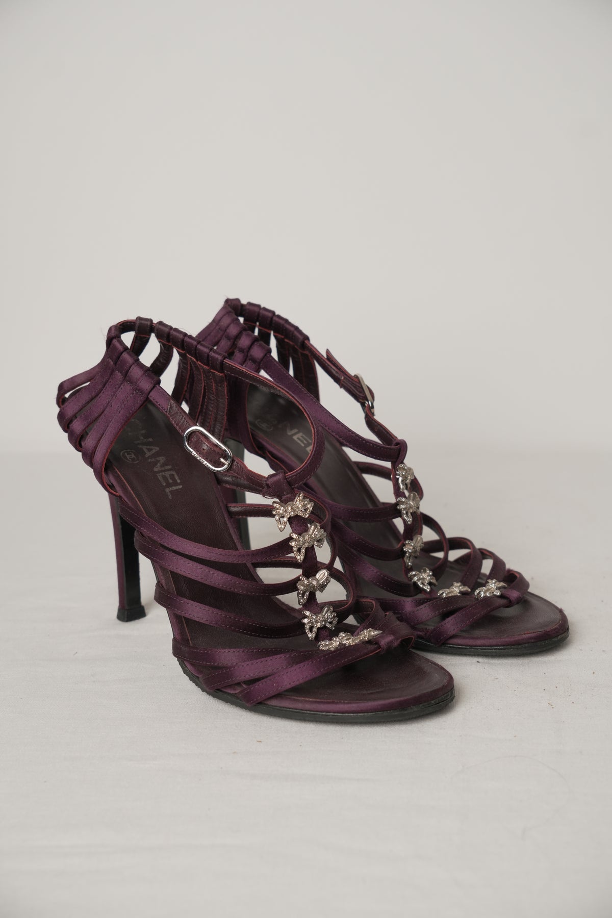 Chanel Purple Satin Strappy Sandal Heels with Diamante Bows Sz39