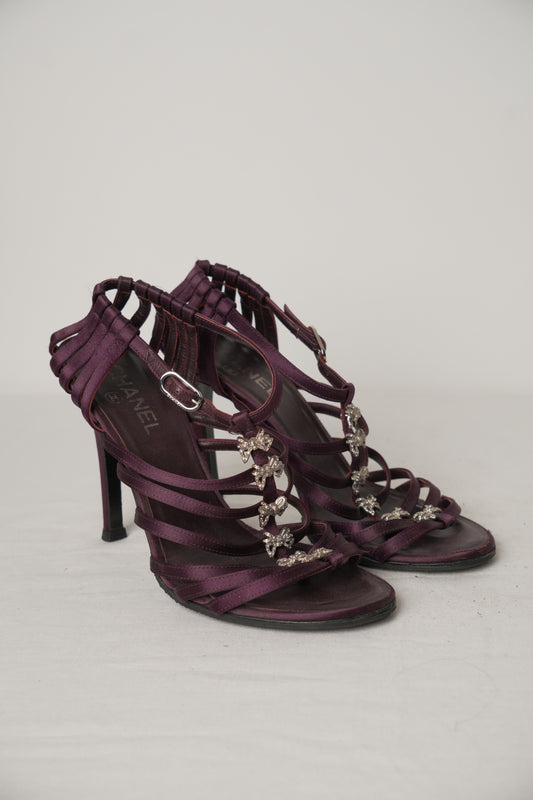 Chanel Purple Satin Strappy Sandal Heels with Diamante Bows Sz39