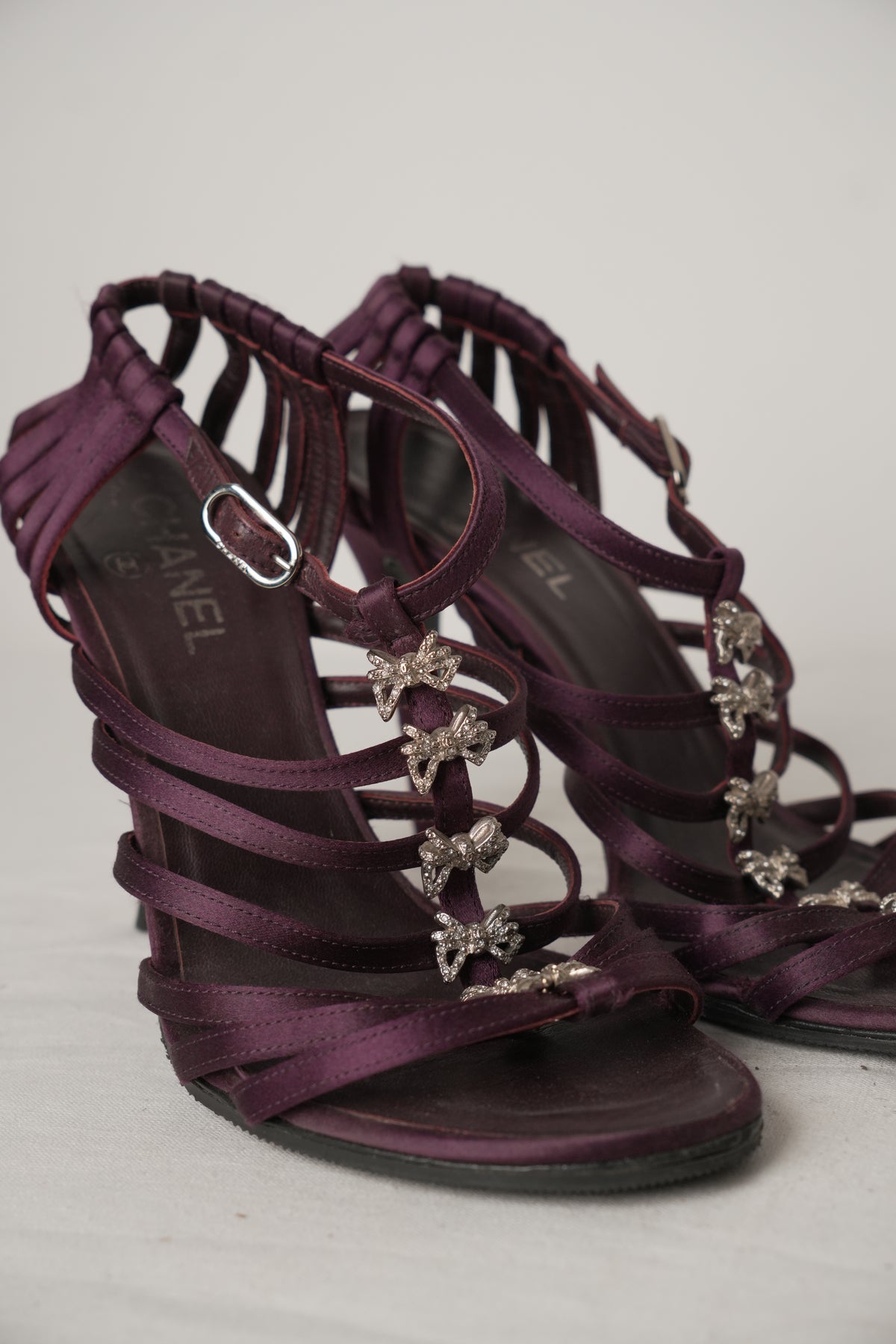 Chanel Purple Satin Strappy Sandal Heels with Diamante Bows Sz39