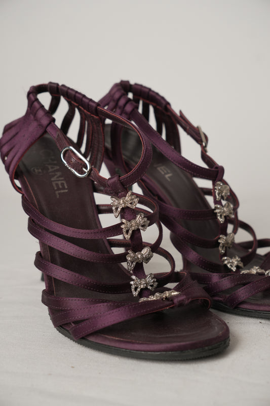 Chanel Purple Satin Strappy Sandal Heels with Diamante Bows Sz39
