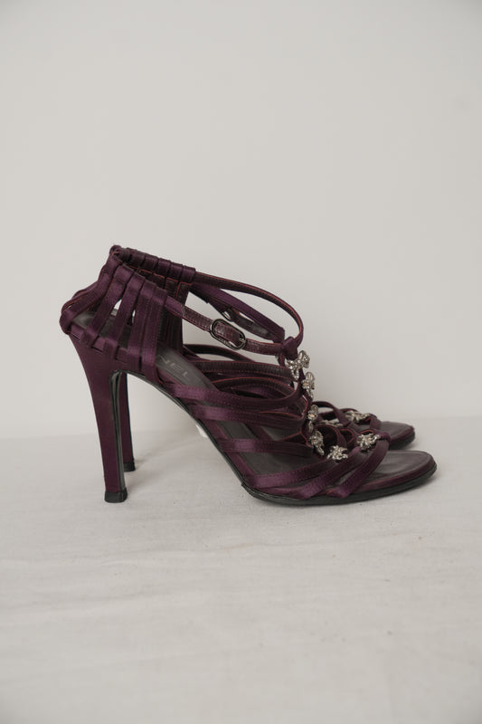 Chanel Purple Satin Strappy Sandal Heels with Diamante Bows Sz39