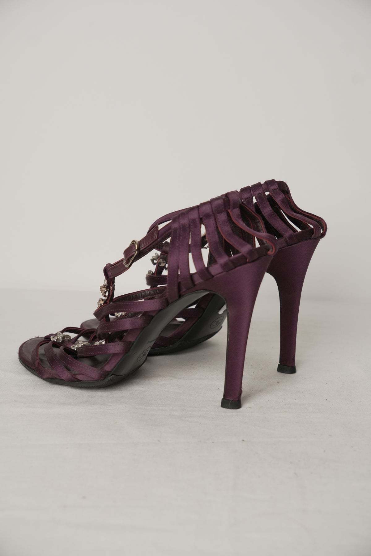 Chanel Purple Satin Strappy Sandal Heels with Diamante Bows Sz39