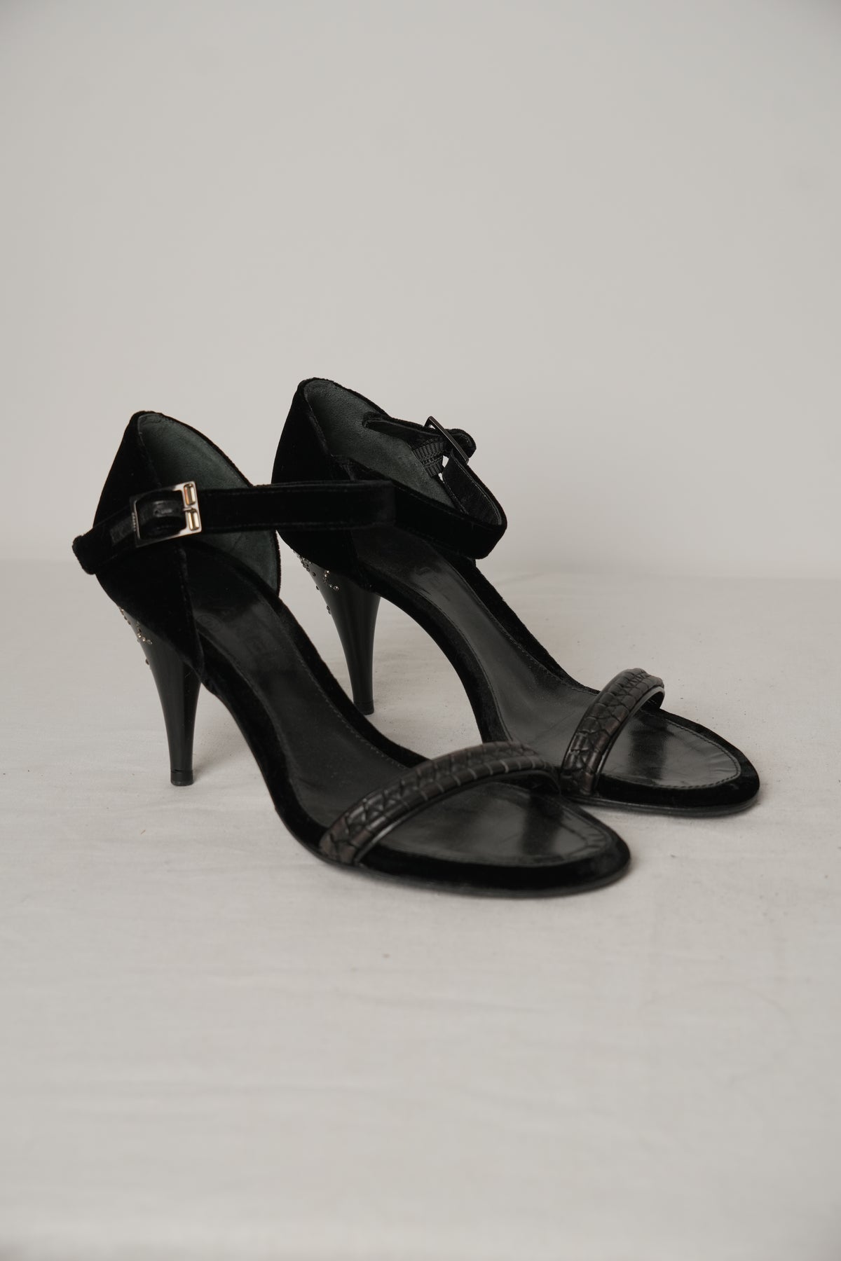 Chanel Black Velvet Ankle Strap Rhinestone CC Heels Sz36.5